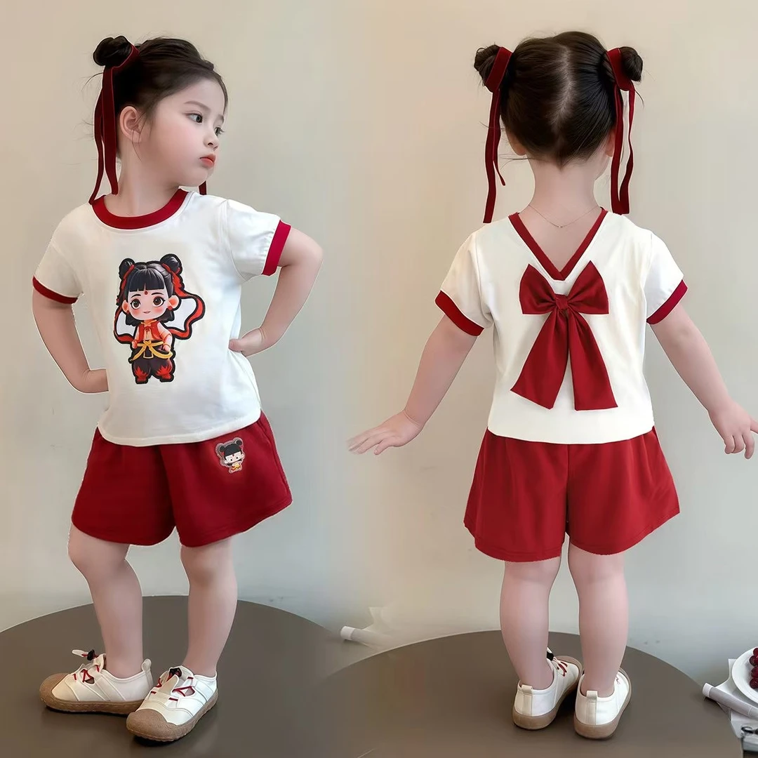 女童哪吒套装夏季2025新款卡通动漫小女孩洋气短袖棉休闲薄潮