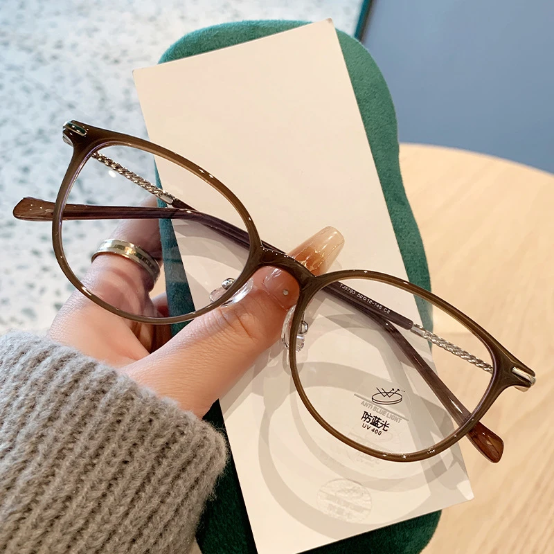 圆框超轻小脸冷茶色素颜眼镜框女显白近视镜眼睛框架防蓝光平光镜