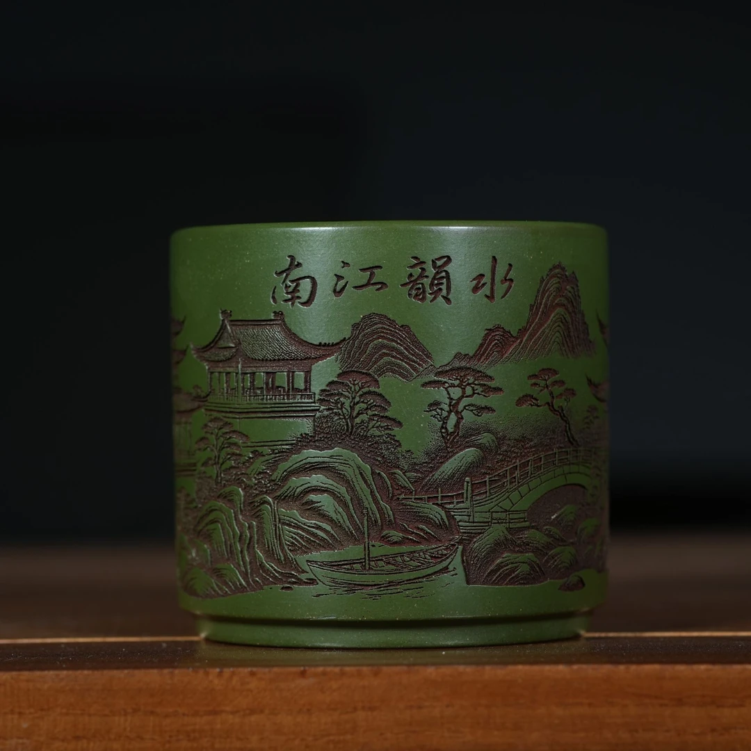 宜兴原矿绿泥刻绘水韵江南紫砂手工主人杯容量120CC