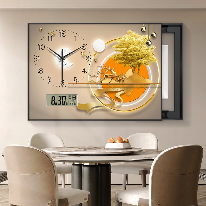 轻奢羽毛电表箱装饰画现代简约带钟表万年历遮挡配电箱电子钟挂画