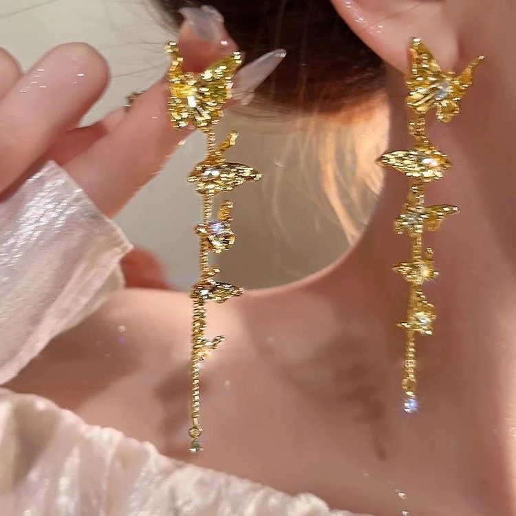 铜合金锆石耳饰 轻奢小众仙气质长款流苏耳环女春夏爆款蝴蝶锆石