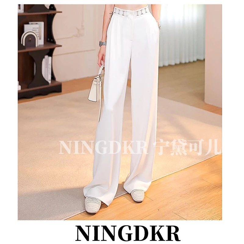 黛B40669夏季设计感气质蕾丝花边窄版阔腿裤女高腰显瘦百搭直筒裤