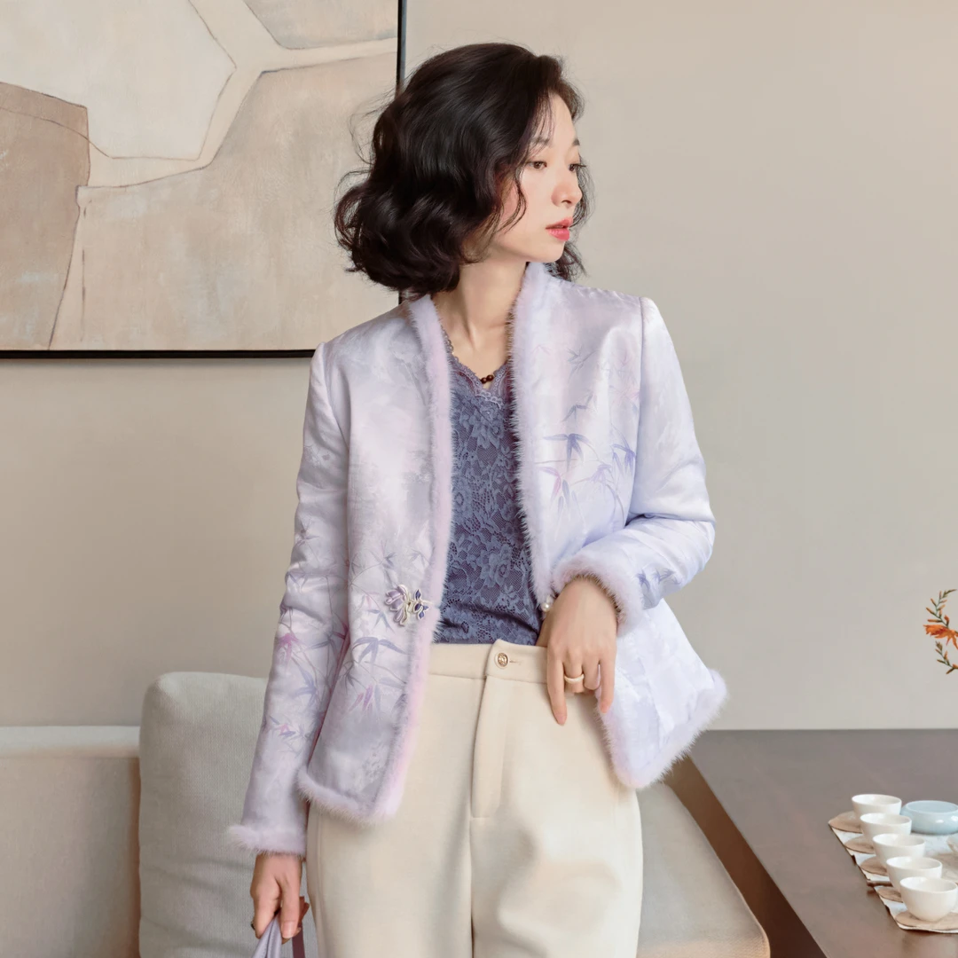 西子/【明兰】24姆米桑蚕丝交织新中式水貂毛新中式外套/WTTJ481