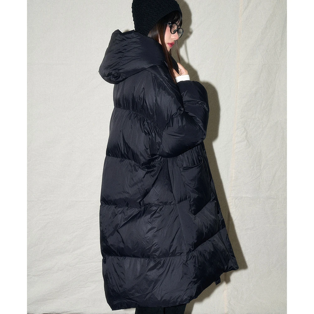 24冬日新款经典百搭黑色90亚连帽长款龟背棉服外套15972