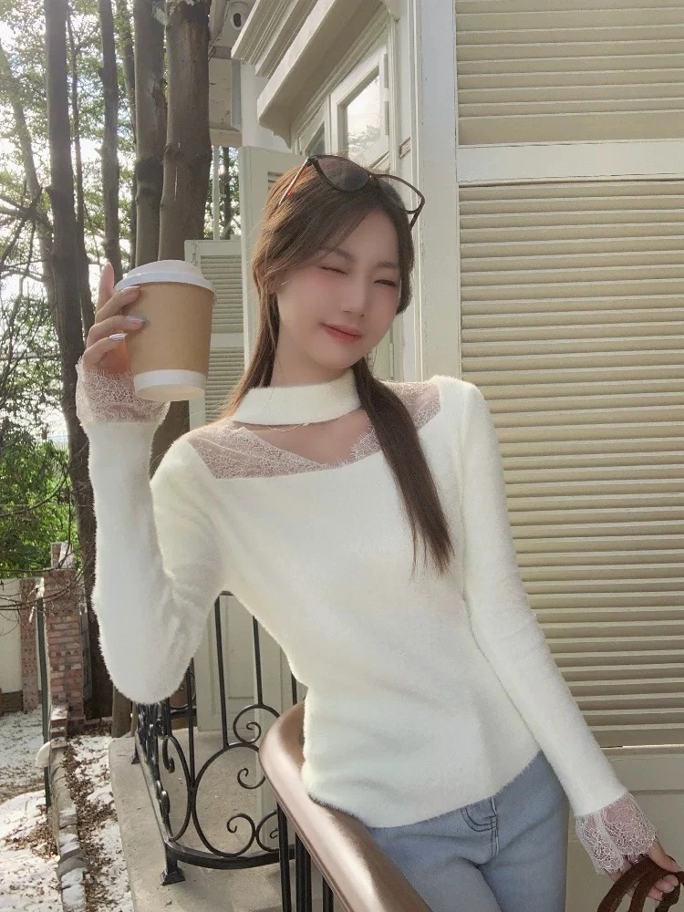 韩系氛围感纯欲挂脖毛衣女秋冬高级感内搭蕾丝拼接打底衫上衣
