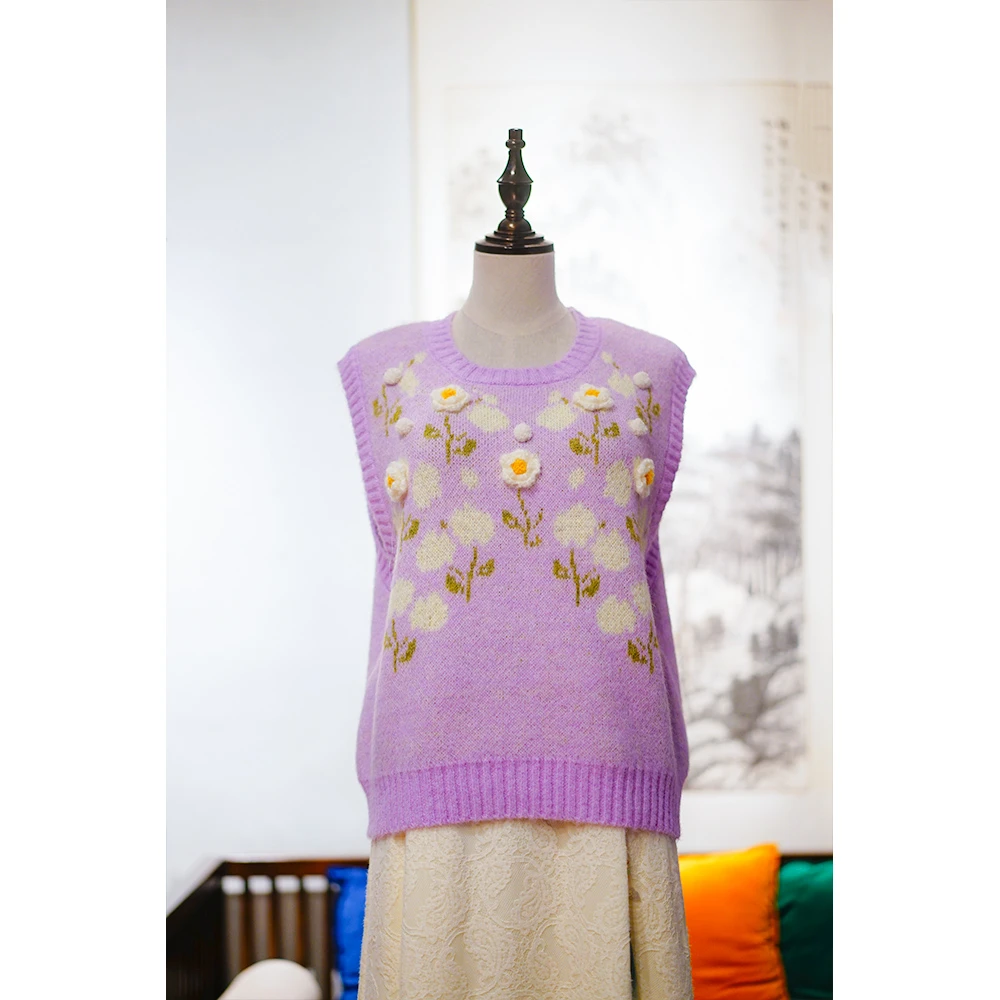 【芳菲】新中式国风秋冬立体花朵无袖紫色保暖百搭短款针织马甲