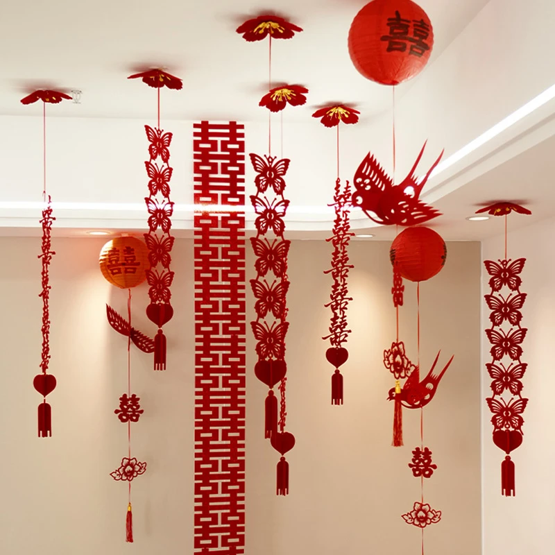 婚房布置婚礼吊顶拉花卧室客厅装饰男女方新房婚房吊顶挂饰布置