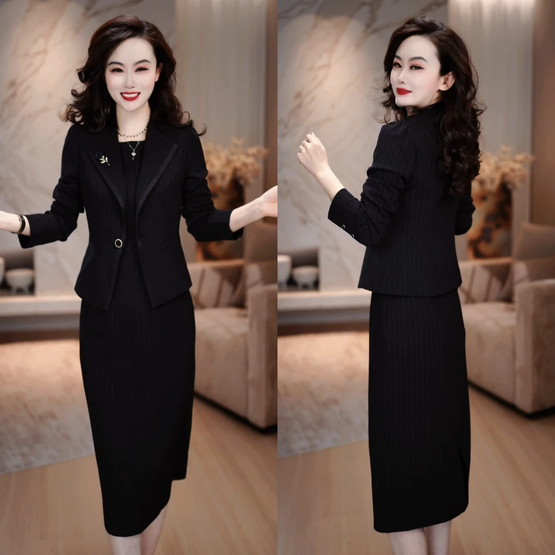 外套+连衣裙 2025早秋时尚优雅气质女神范轻奢黑色套装裙M-5XL