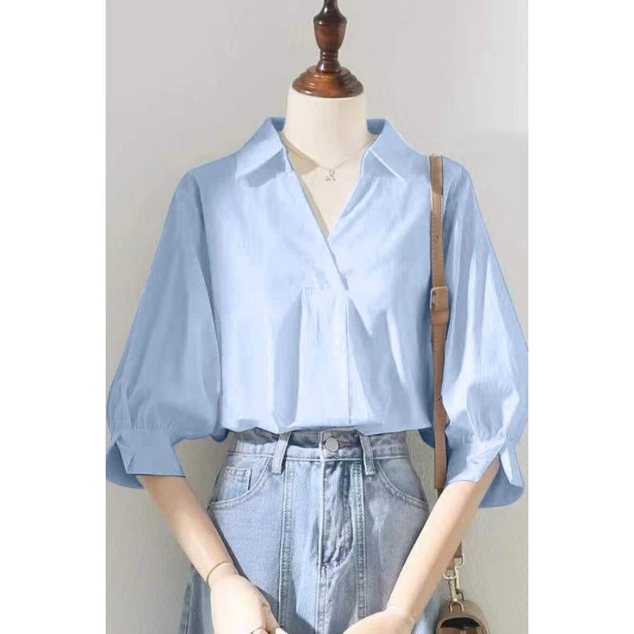 白色领七分袖衬衫女2025夏季新款百搭宽松灯笼袖职业简约衬衣