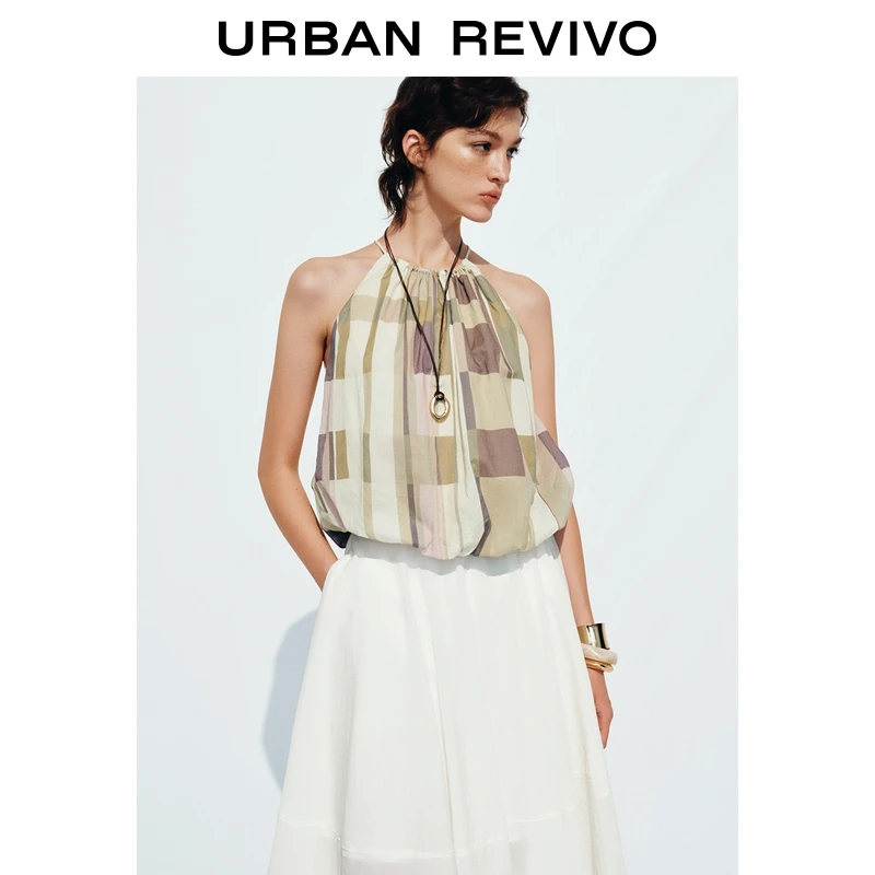 UR2025夏季新款女装复古设计感休闲撞色格纹吊带衫UWH250130+