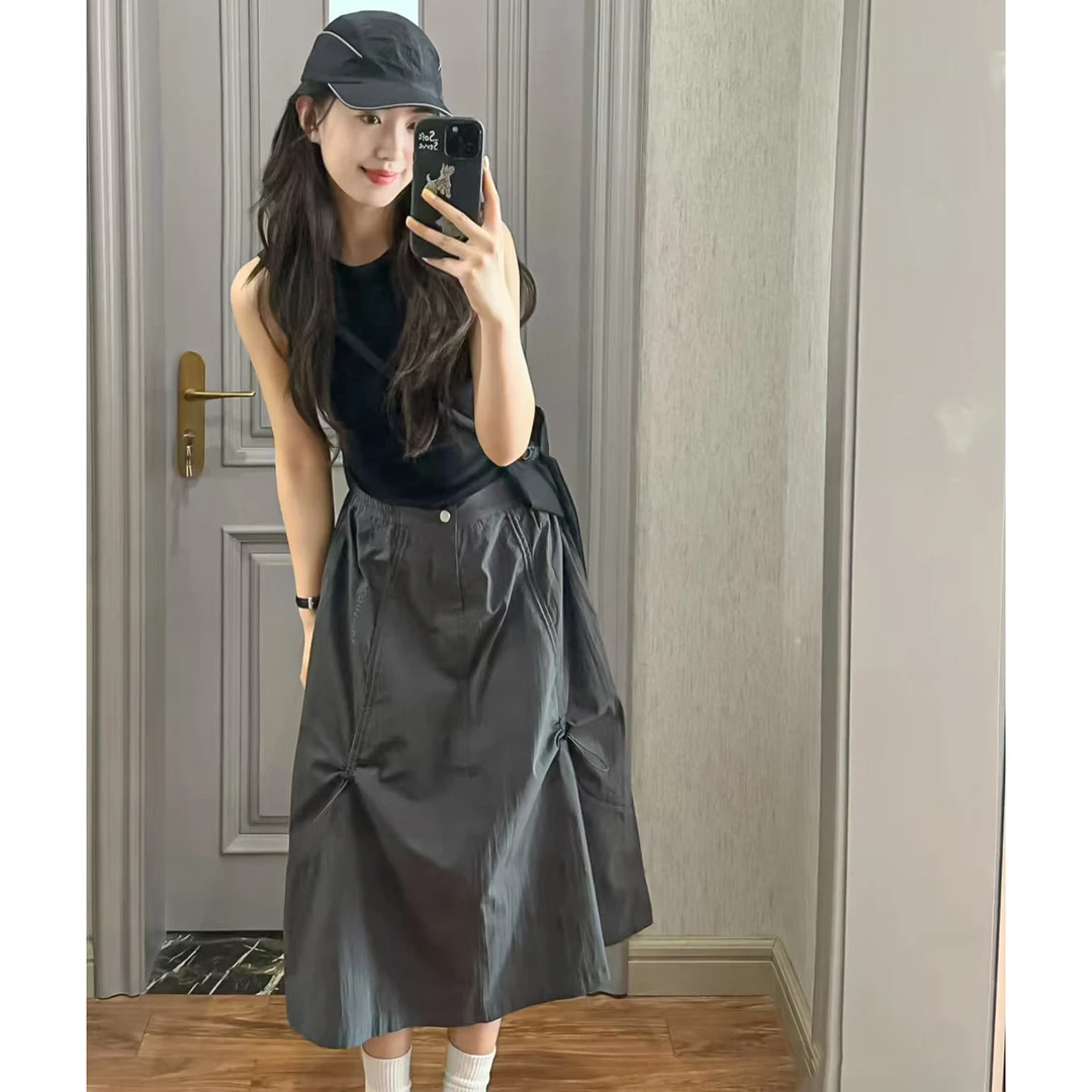 灰色工装裙女夏季2025新款高腰a字伞裙显瘦小个子美式复古半身裙