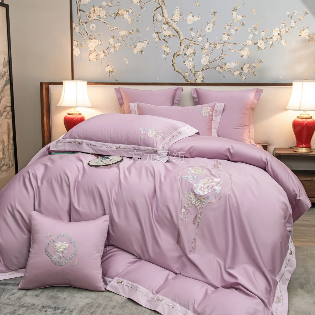花容紫色hr全棉贡缎四件套乔迁丝滑绣花婚礼高端高档轻奢刺绣
