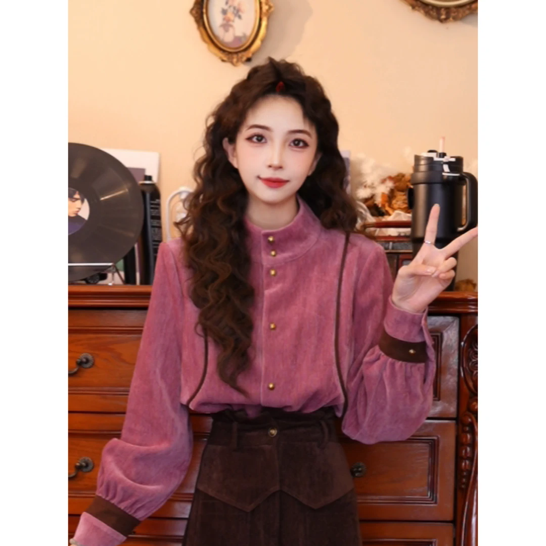 豆芽【一隅佳人】港味复古气质设计感秋冬长袖上衣03442