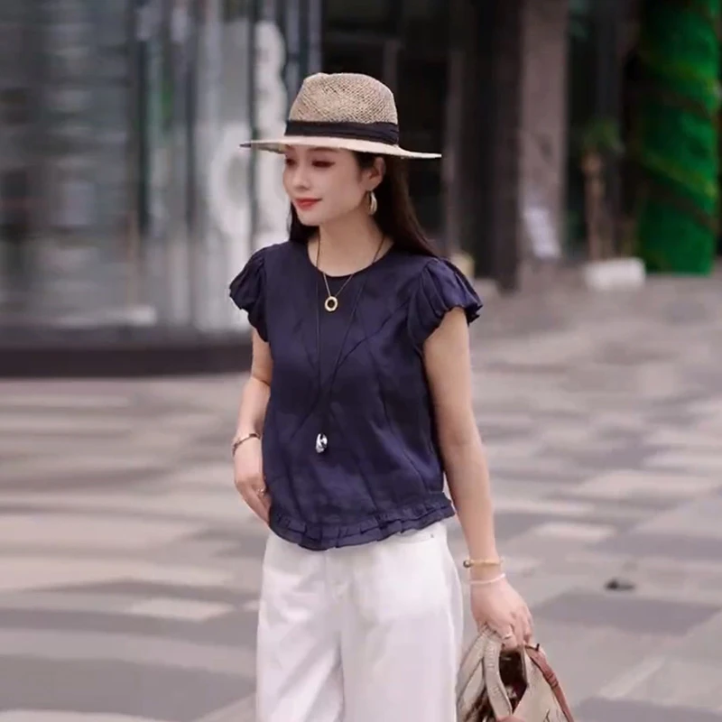 纯色设计感简约圆领衬衫2025夏季新款韩系独特花边休闲气质上衣潮