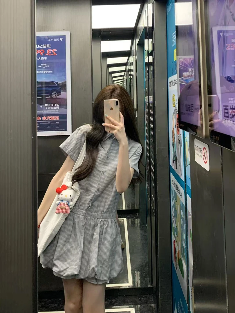 韩系翻领假两件条纹短袖衬衫连衣裙夏季新款宽松短裙衬衣花苞裙