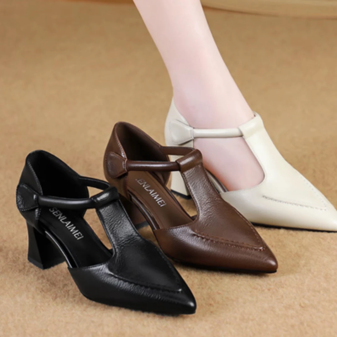 包头凉鞋夏季凉鞋粗跟尖头纯色时装凉鞋厚底纳帕皮