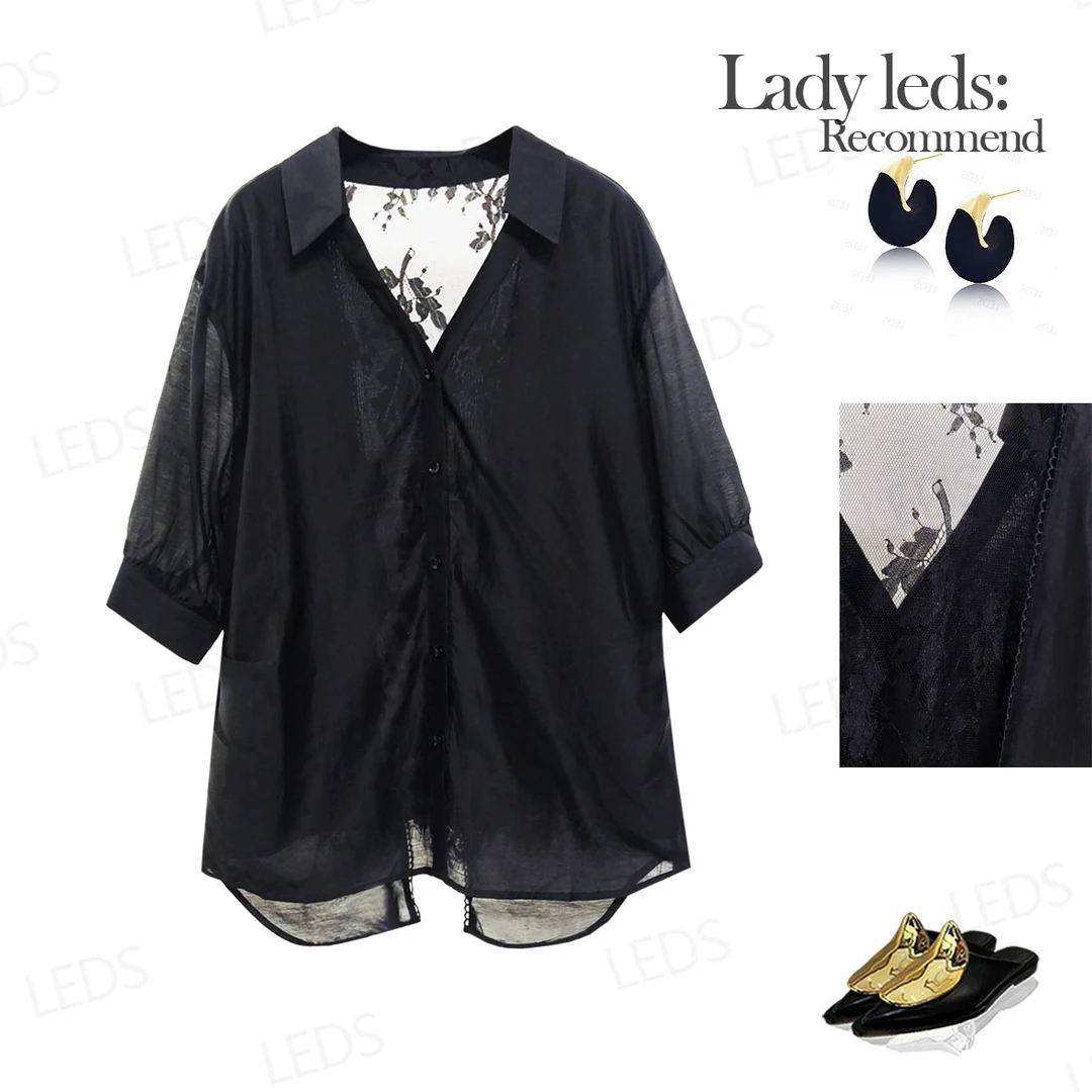 LEDS 8023暗夜优雅*夏季透视薄纱休闲风设计感宽松衬衫