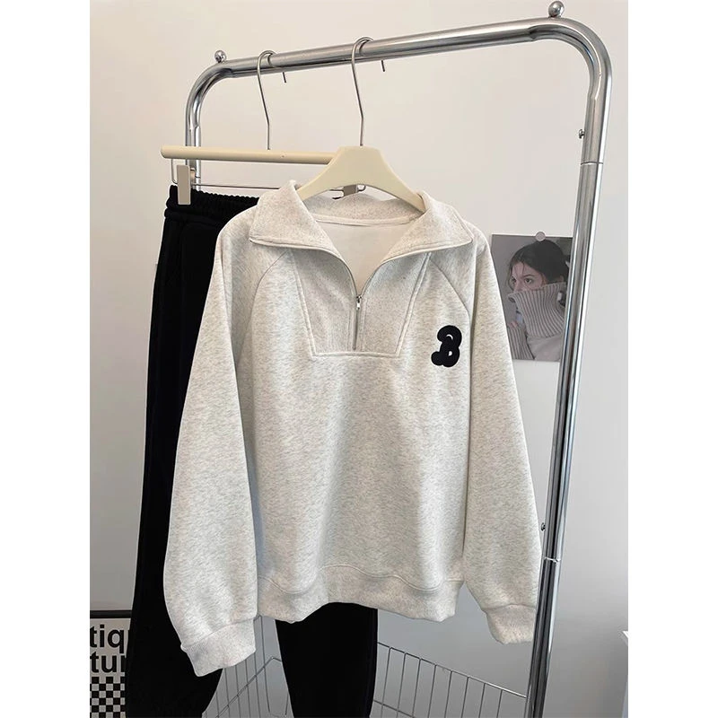 特大码200斤个性美式翻领半拉链设计感宽松遮肉卫衣女春季新款ins