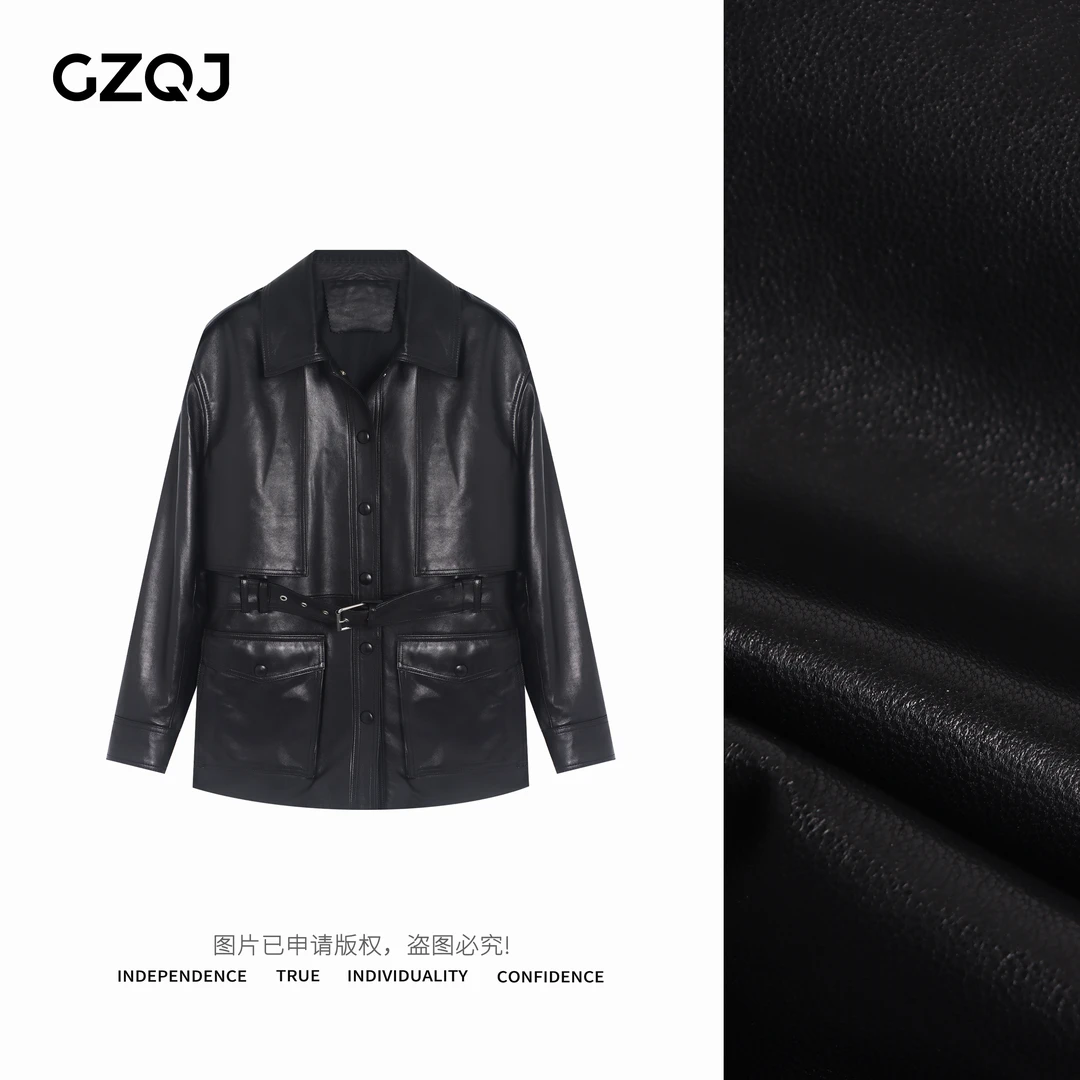 老琴私服【暗涌星芒】时尚小众设计感长袖真皮皮衣外套女 35017