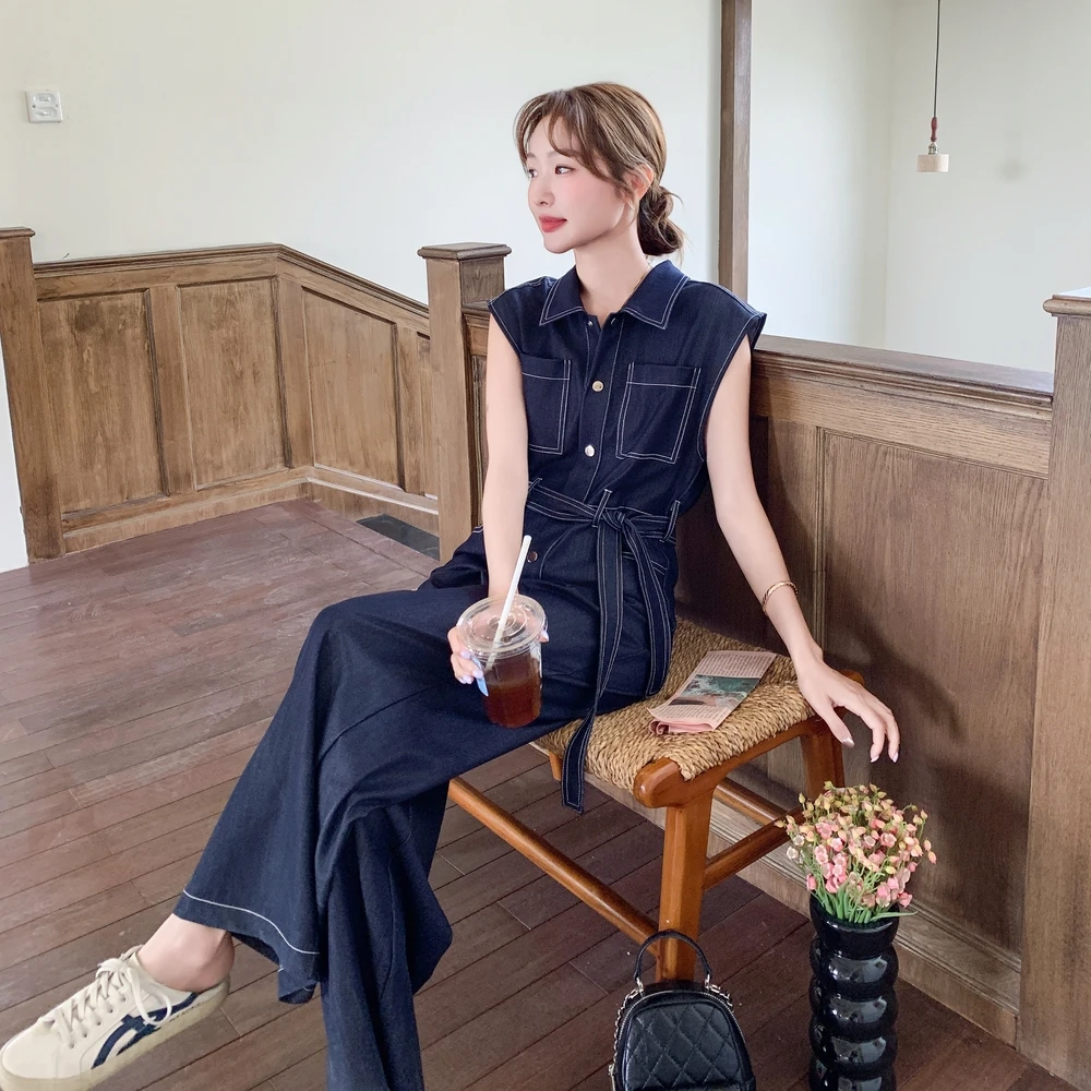 港风复古深蓝色无袖牛仔连体裤女2025夏气质显瘦高腰工装风连衣裤