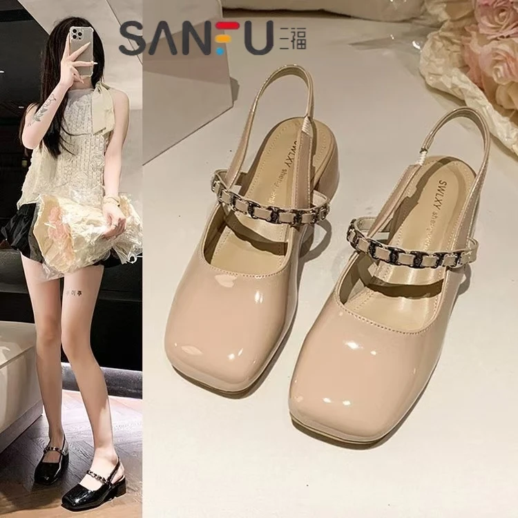 三福裙子气质玛丽珍单鞋粗跟凉鞋复古气质女士凉鞋高跟鞋夏季新款