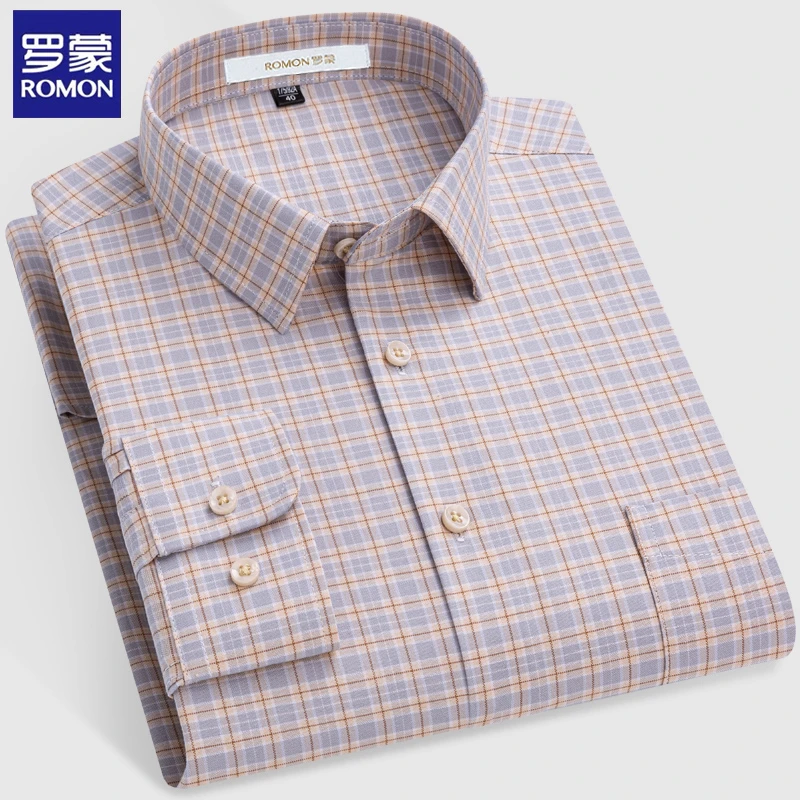 罗蒙纯棉男士休闲格子衬衫长袖抗皱免烫宽松牛津纺衬衣中年春秋款