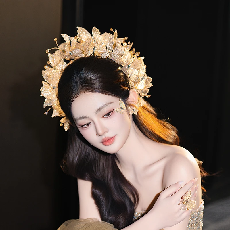 合金婚庆饰品 森系香槟金新娘超仙氛围婚礼梦幻礼服蝴蝶头饰D0718
