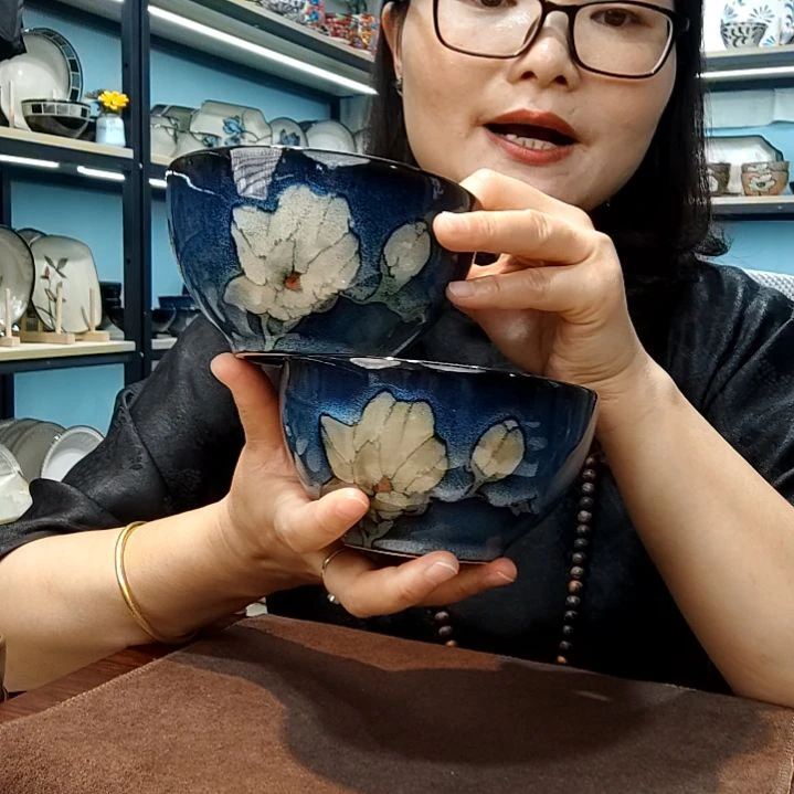 瓷片小可陶瓷高温釉下彩一组四只米饭碗