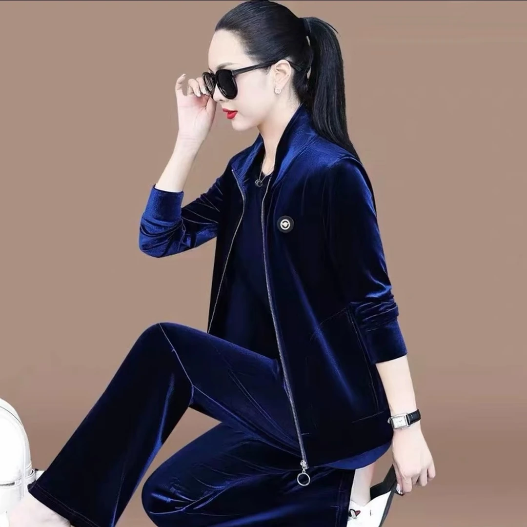 金丝绒运动套装女春秋2025新款气质卫衣宽松阔腿裤休闲服三件套潮