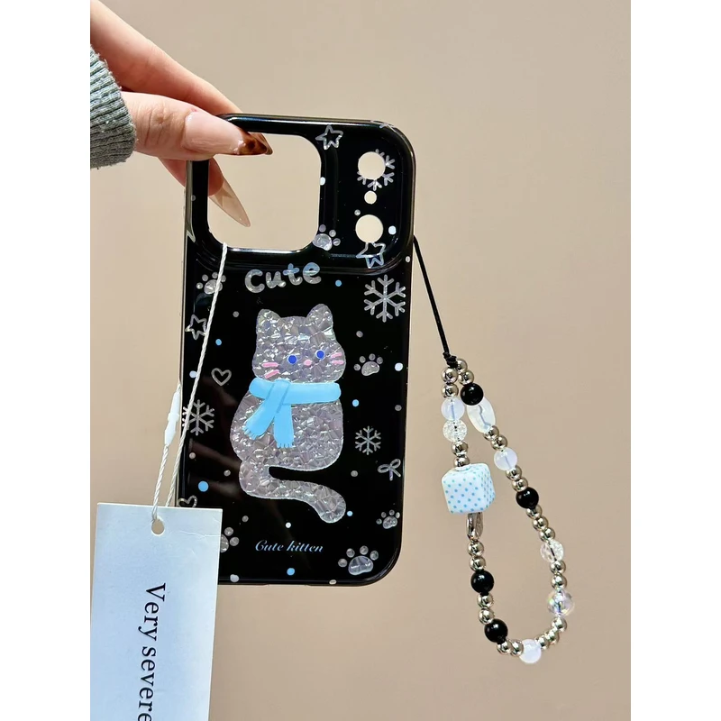 冬日黑底雪花爪印围巾猫咪链条适用苹果17promax手机壳15iphone16