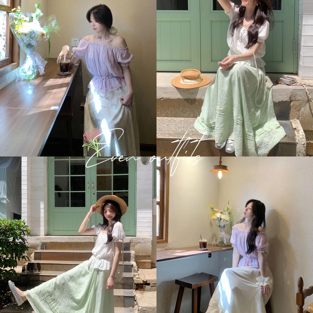 Even一雯【丁香白芷】韩系高智感温柔花边系带短袖衬衫夏一字肩上衣