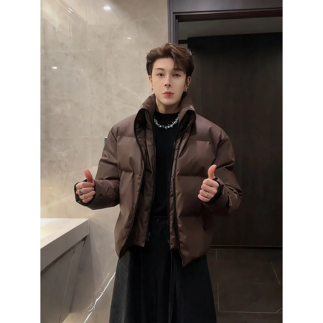 龙叨叨咖色美式高街短款外套棉服男款冬季拉链棉衣保暖立领面包服