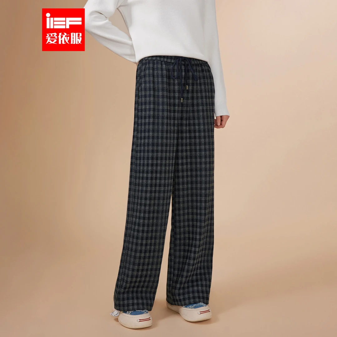 IEF/爱依服2025冬季加绒加厚休闲阔腿裤宽松格子百搭高腰