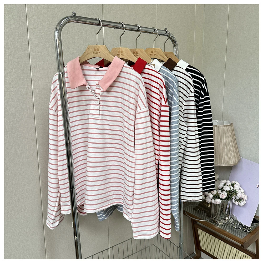1T231春季新款女士时尚宽松翻领长袖条纹T恤