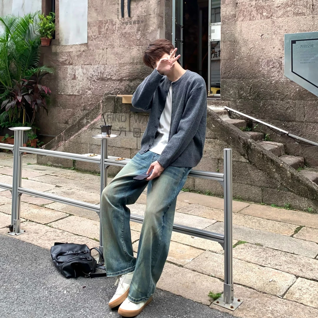 Woosine 高级感针织开衫外套羊毛圆领毛衣简约宽松质感廓形韩系男