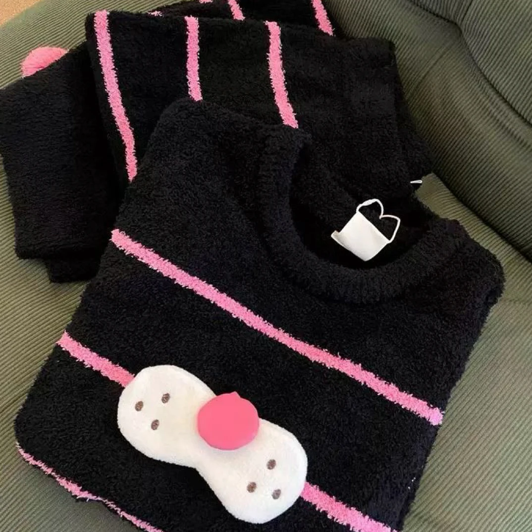 女款大码韩版条纹半边绒加厚保暖秋冬睡衣家居服新款