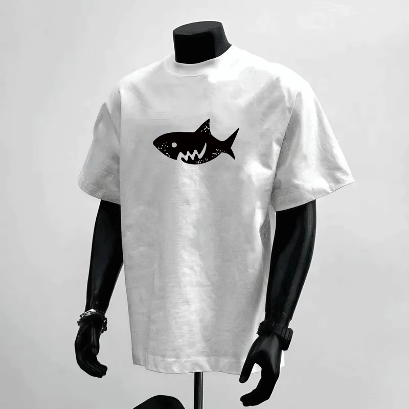 260g重磅纯棉卡通鲨鱼印花轻奢圆领短袖情侣装白T恤oversize