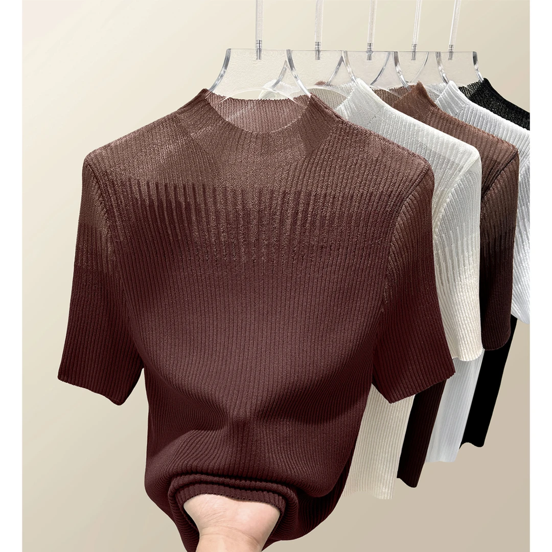 时尚蕾丝拼接网纱设计上衣t恤夏季新款半高领百搭修身短袖针织衫