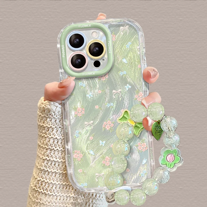 ins碎花手链适用iphone16苹果羽纱手机壳15小清新14精孔全包13/12