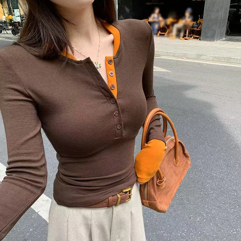 美式半开领排扣正肩长袖t恤女秋季新款时尚显瘦辣妹ins上衣