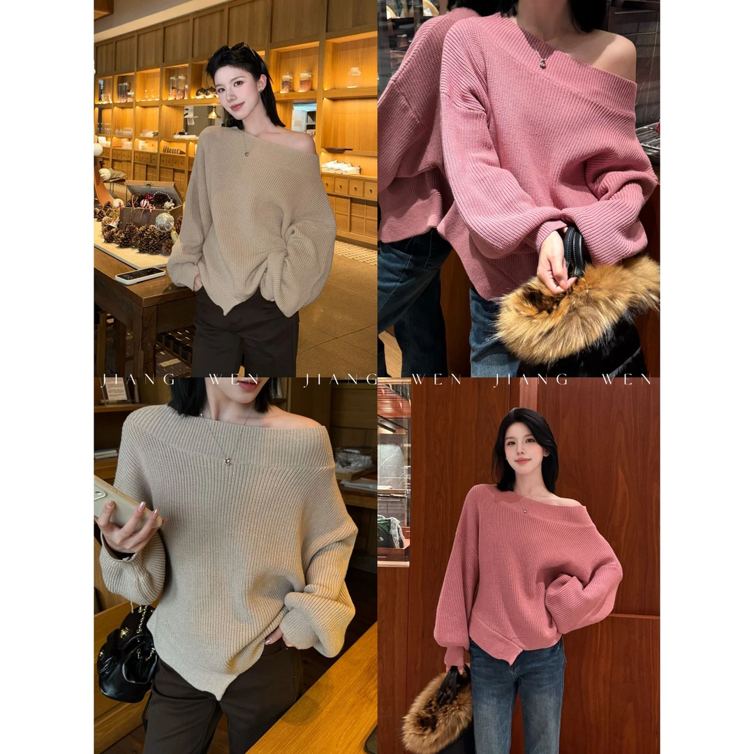 【半岛】赵露思同款定制纱线秋冬不规则一字领斜毛衣