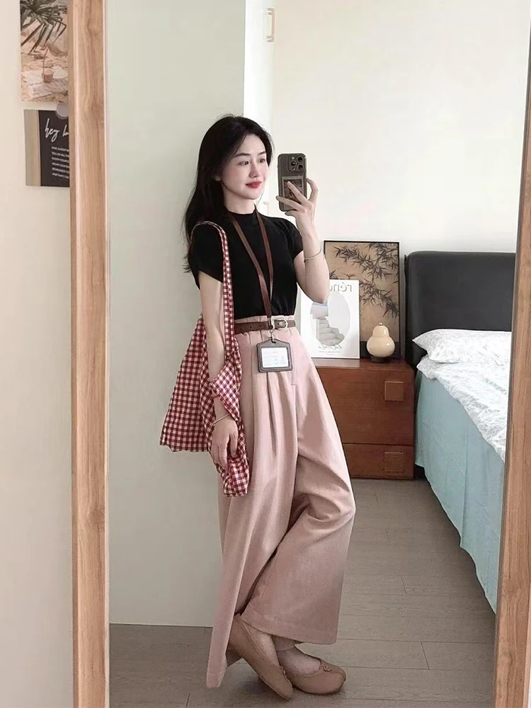 夏日ootd穿搭一整套2025黑色百搭短袖上衣高腰阔腿裤休闲两件套女