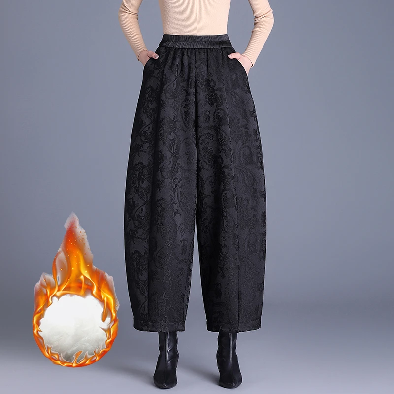 妈妈大码高腰显瘦花苞裤女冬季新款重磅提花加棉阔腿休闲九分裤