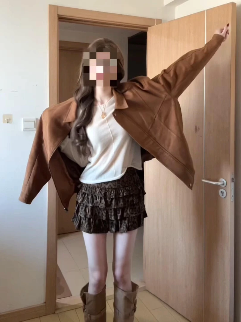 2025秋季新款美式复古棕色夹克外套内搭针织打底衫搭配半身裙套装