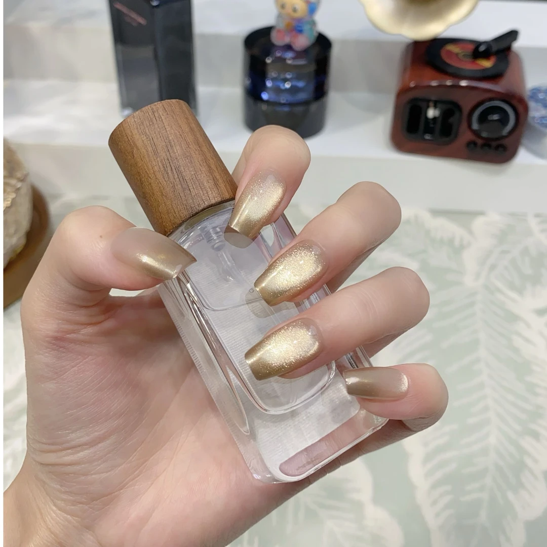 JDD【光芒万丈】冰透金闪显白猫眼百搭高级纯手工美甲穿戴甲片 短款