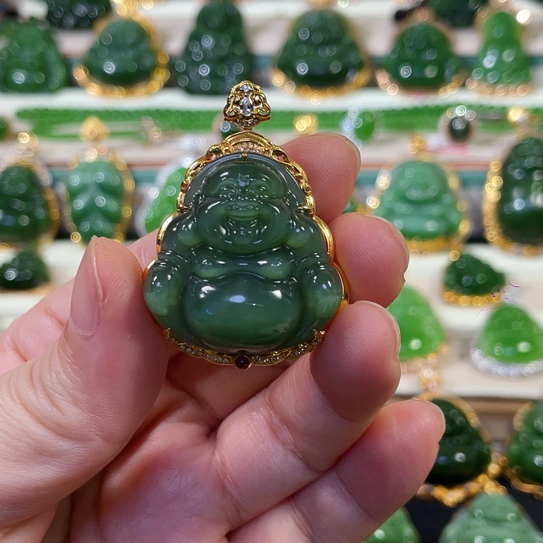 颈饰18K金镶嵌和田玉（碧玉）猫眼佛公30mm