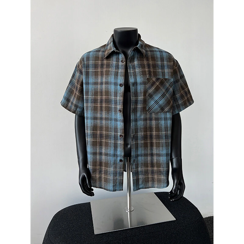 美式复古格纹短袖衬衫男女夏季高级时尚潮牌宽松休闲百搭衬衣外套