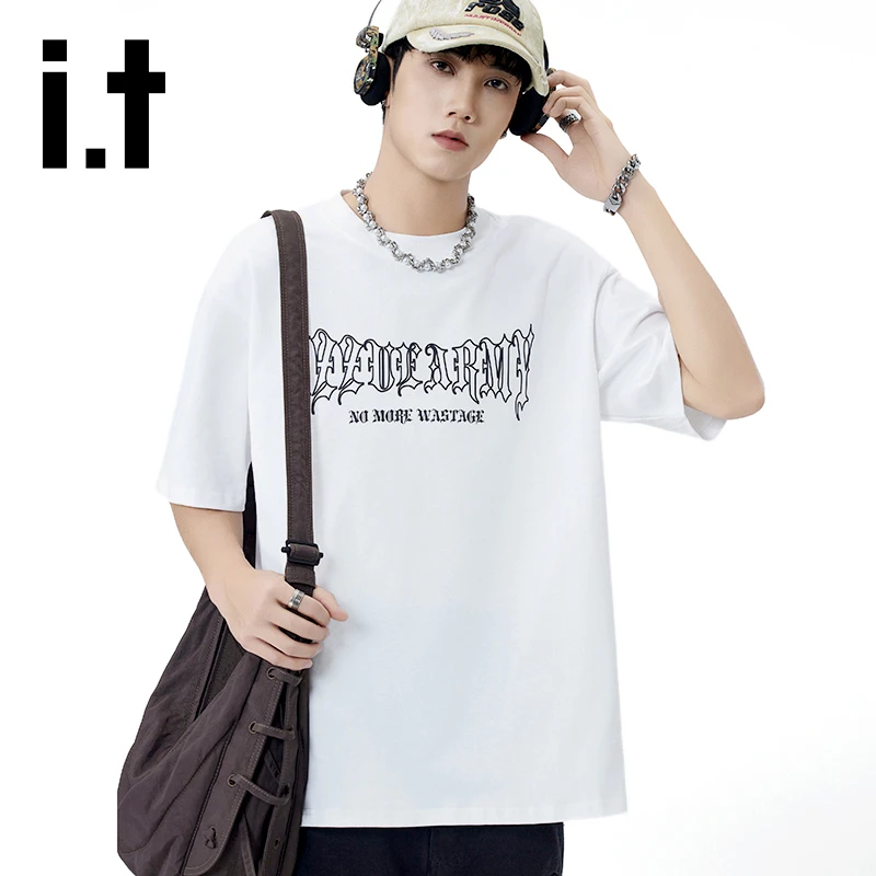 it izzue夏季白色纯棉短袖T恤男士潮流印花宽松休闲百搭圆领半袖