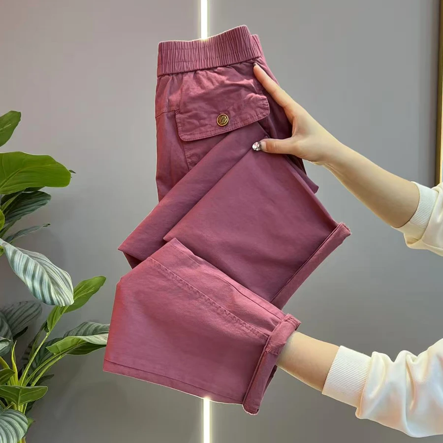 夏季薄款水洗棉休闲裤女哈伦裤宽松百搭散角高腰裤显瘦九分裤