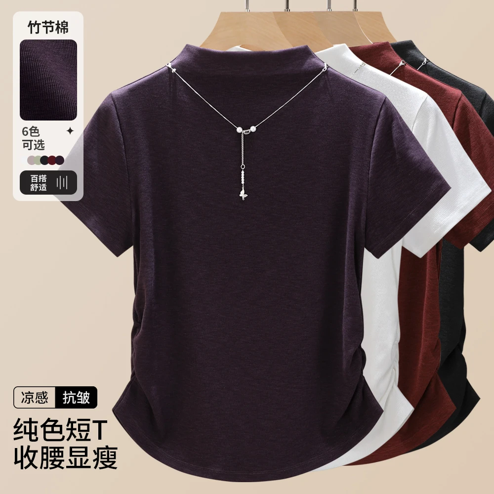 2025春游出行衣服时尚半高领短袖上衣折折收腰洋气衣服女高端项链